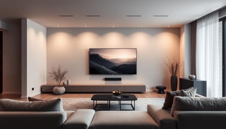 A modern, minimalist living room with a flexible, curved OLED TV mounted on the wall. The TV screen is the central focus, surrounded by a sleek, minimalist entertainment system. Soft, indirect lighting creates a warm, inviting atmosphere. The room features a large, plush sofa and modern, low-profile furniture. Muted, earth-tone colors and natural textures, like wood and stone, add a sense of tranquility. The layout and design suggest the flexibility and convenience of the TV, allowing the viewer to seamlessly adjust the viewing experience to their needs.